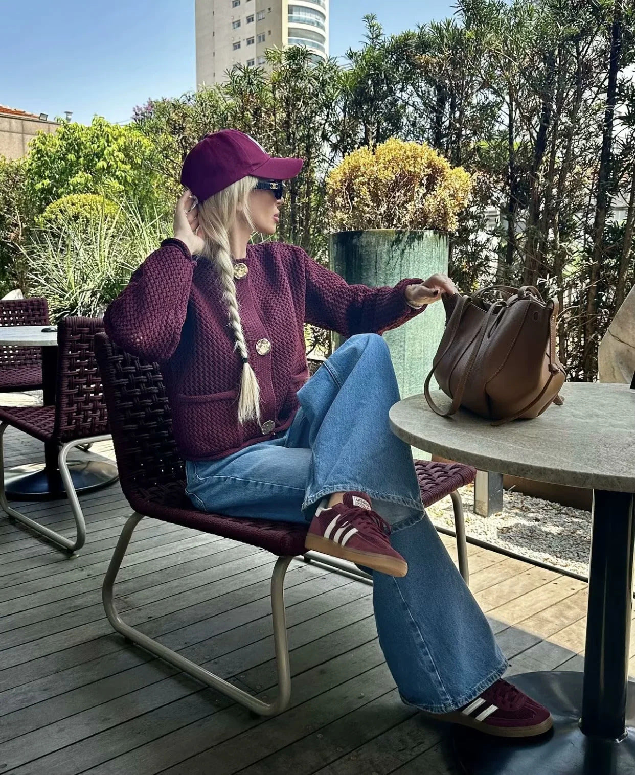 Women's wine textured knit cardigan with round neck and gold-tone buttons