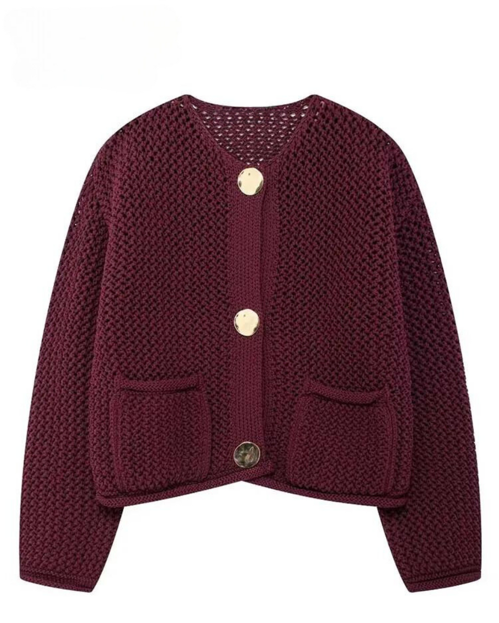 Women's wine textured knit cardigan with round neck and gold-tone buttons