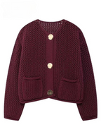 Women's wine textured knit cardigan with round neck and gold-tone buttons