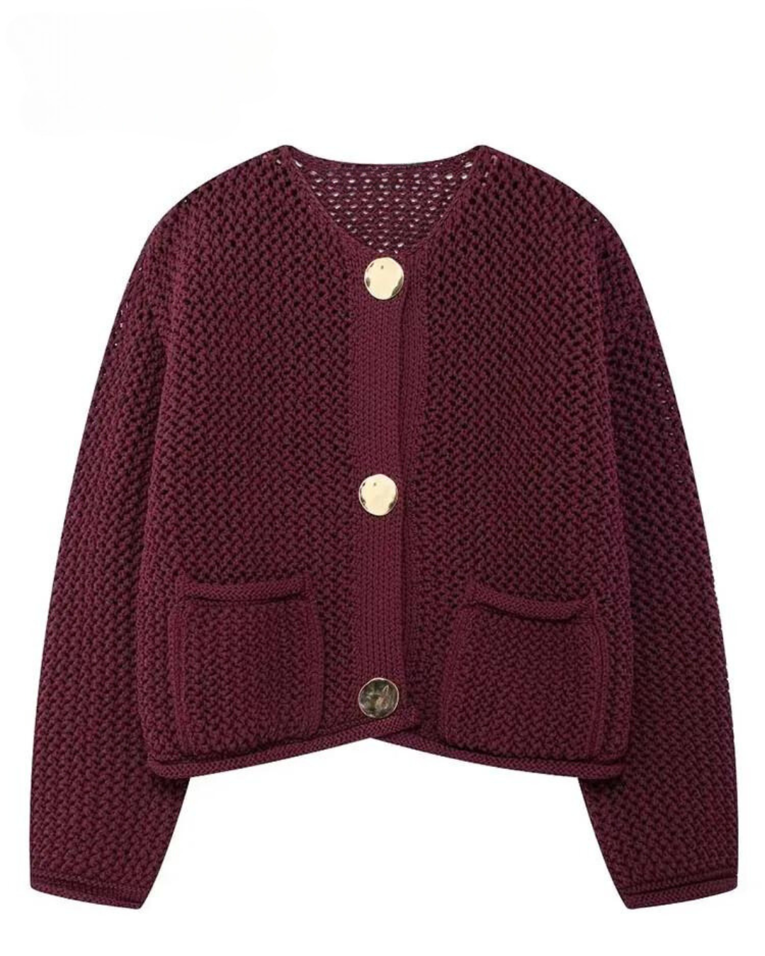 Women's wine textured knit cardigan with round neck and gold-tone buttons