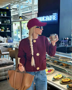 Women's wine textured knit cardigan with round neck and gold-tone buttons