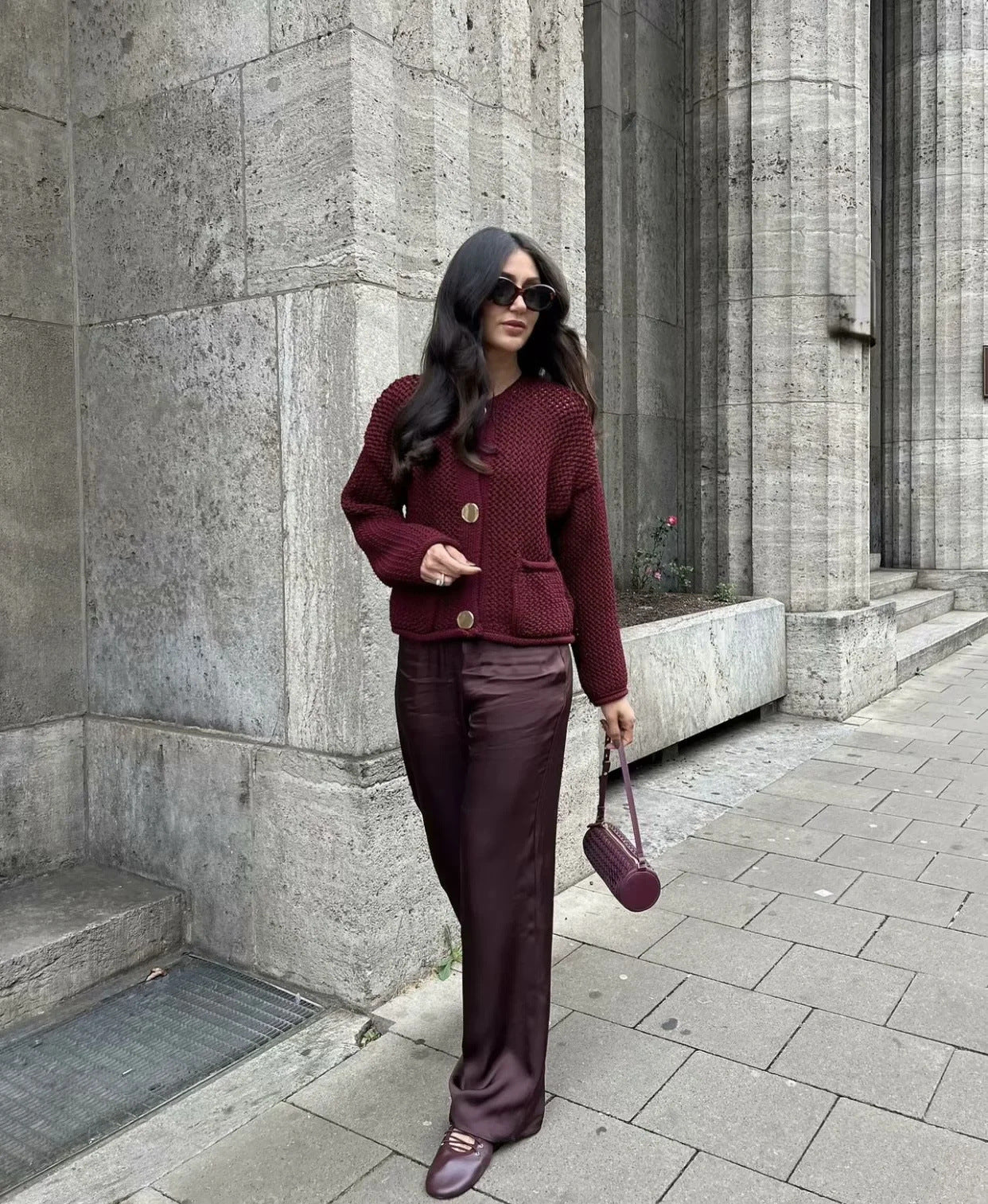 Women's wine textured knit cardigan with round neck and gold-tone buttons