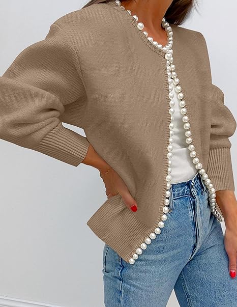 Women's cardigan with pearl-style trim, round neck and long sleeves