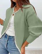 Women's cardigan with pearl-style trim, round neck and long sleeves