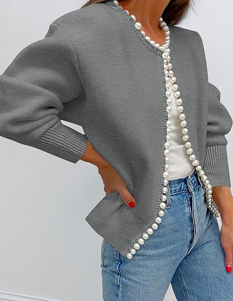 Women's cardigan with pearl-style trim, round neck and long sleeves