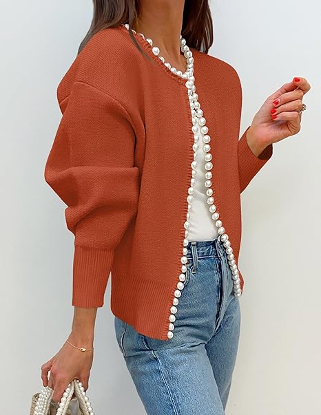 Women's cardigan with pearl-style trim, round neck and long sleeves