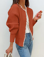 Women's cardigan with pearl-style trim, round neck and long sleeves