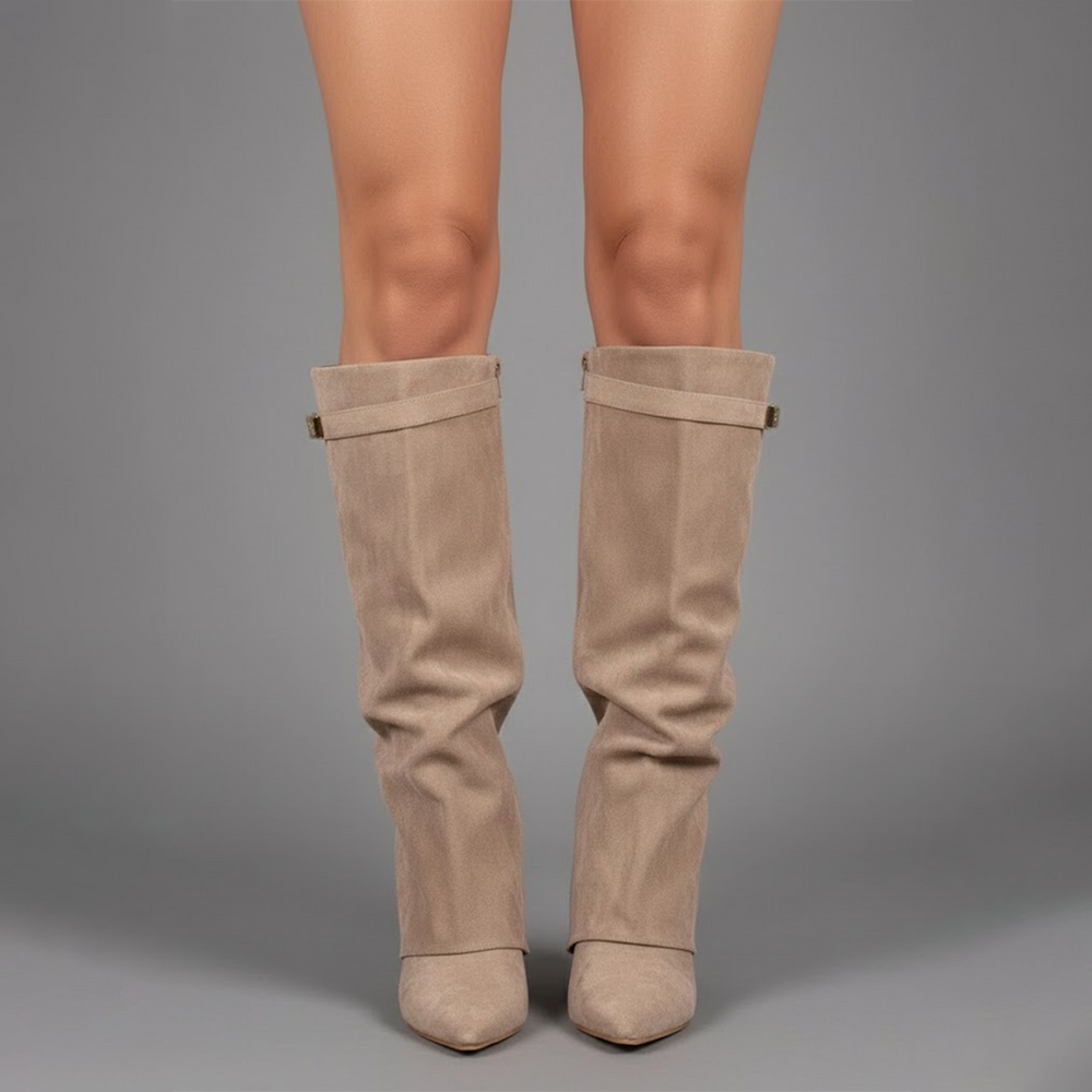 Women's over-the-knee boots with pointed toes, low heels, side zips and buckle strap details