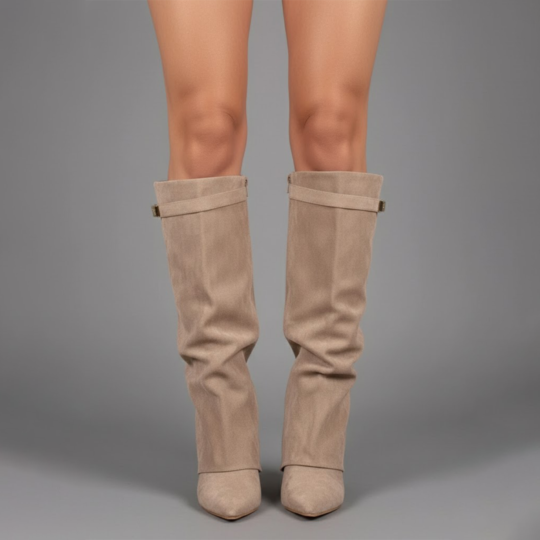Women's over-the-knee boots with pointed toes, low heels, side zips and buckle strap details