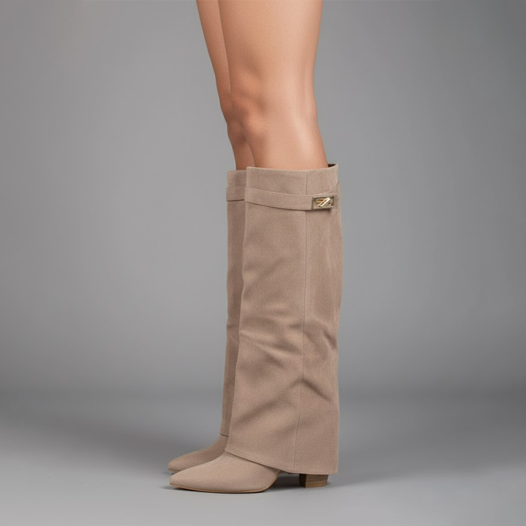 Women's over-the-knee boots with pointed toes, low heels, side zips and buckle strap details