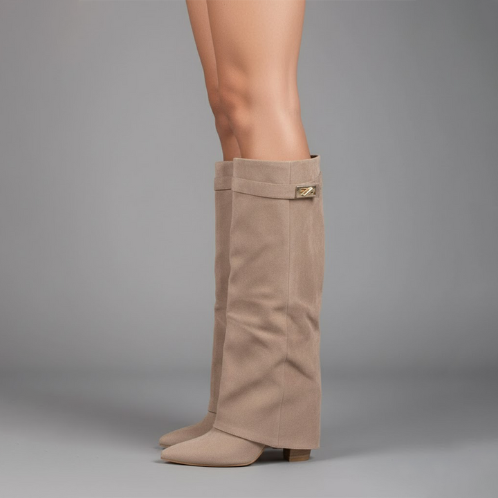 Women's over-the-knee boots with pointed toes, low heels, side zips and buckle strap details