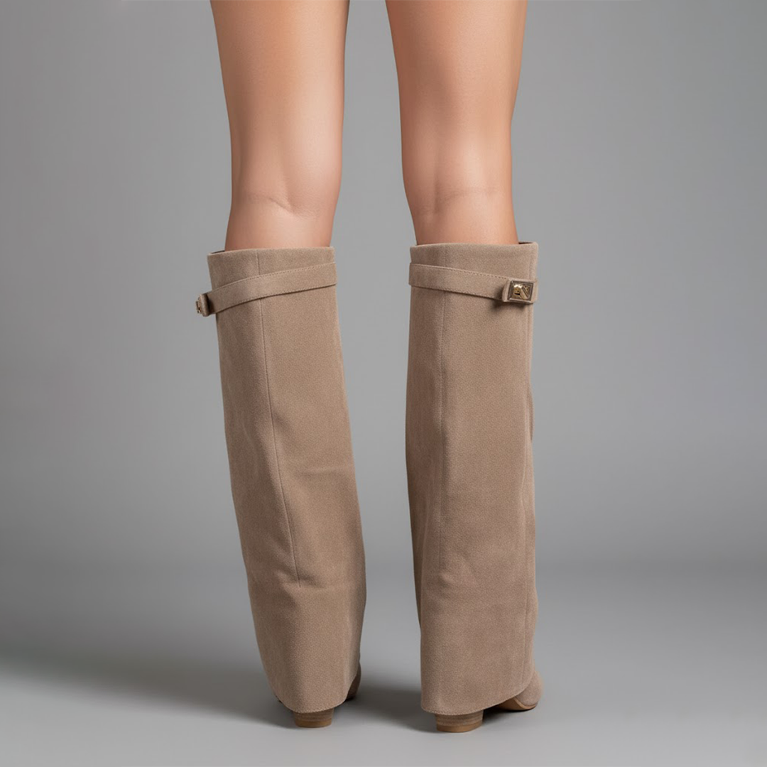 Women's over-the-knee boots with pointed toes, low heels, side zips and buckle strap details