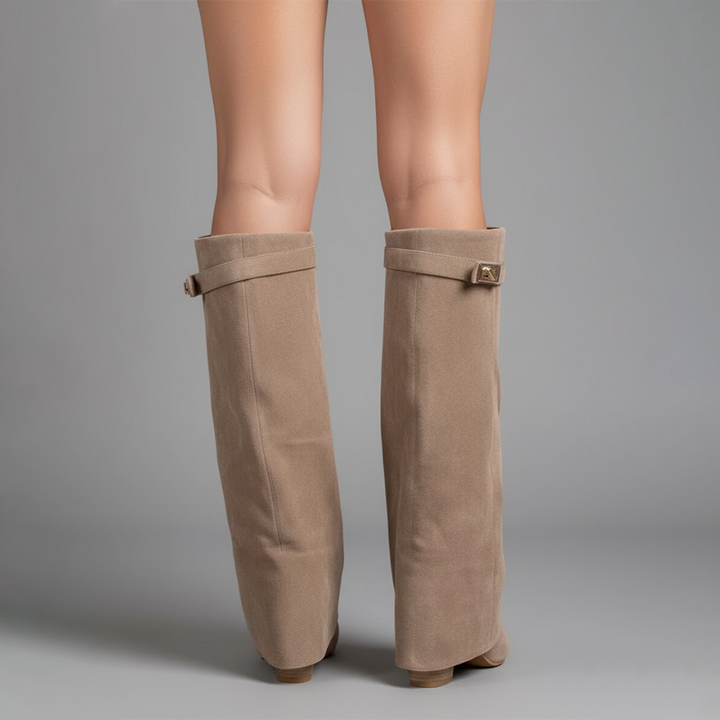 Women's over-the-knee boots with pointed toes, low heels, side zips and buckle strap details