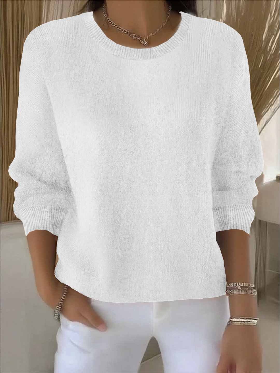 Women's crew neck knitted sweater with long sleeves and ribbed trims