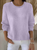 Women's crew neck knitted sweater with long sleeves and ribbed trims