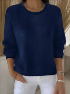 Women's crew neck knitted sweater with long sleeves and ribbed trims