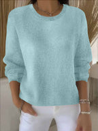Women's crew neck knitted sweater with long sleeves and ribbed trims