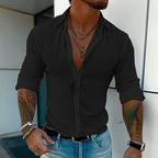 Men's striped long-sleeve shirt with open collar and buttons