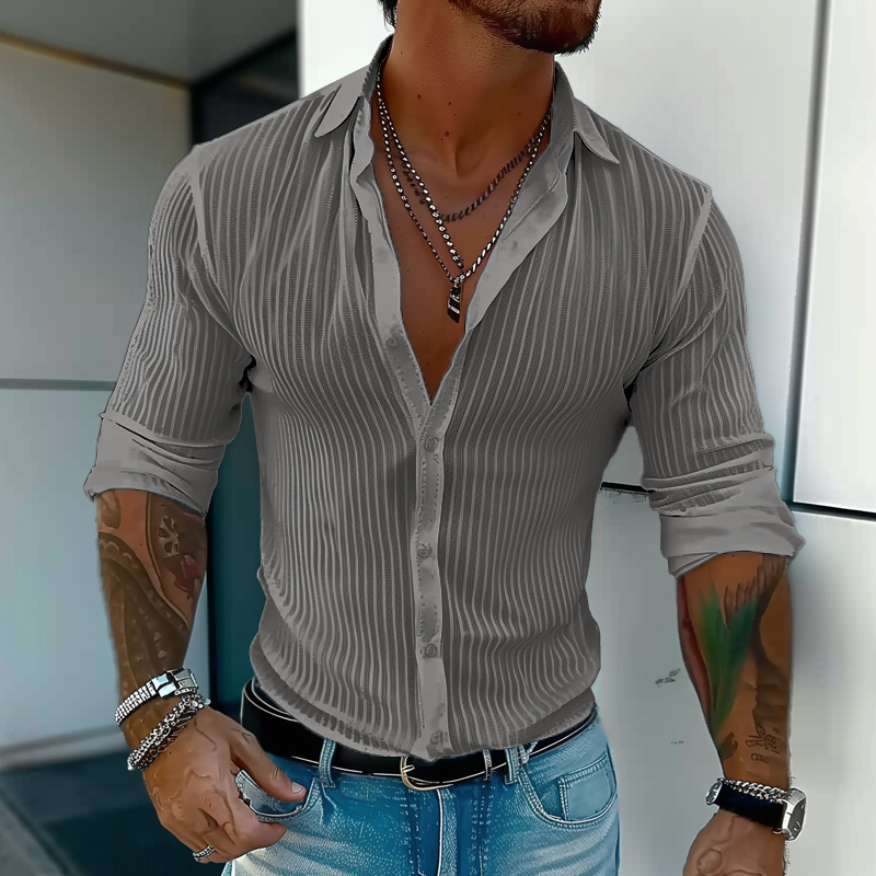 Men's striped long-sleeve shirt with open collar and buttons