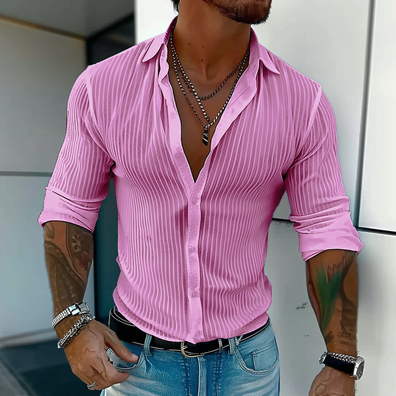 Men's striped long-sleeve shirt with open collar and buttons