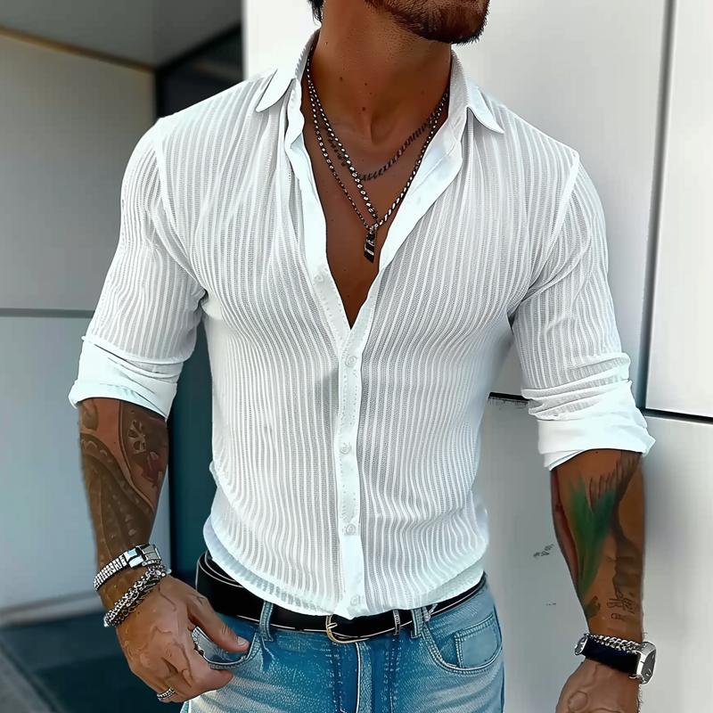 Men's striped long-sleeve shirt with open collar and buttons