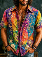 Men's multicolor floral short sleeve shirt with musical note detailing