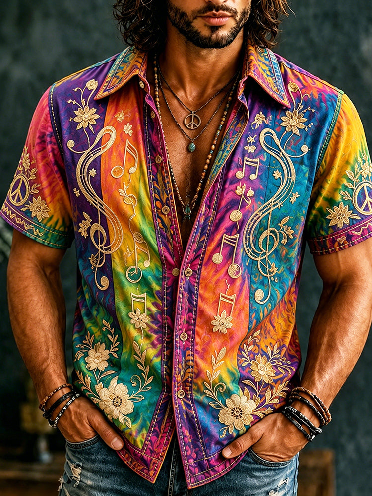 Men's multicolor floral short sleeve shirt with musical note detailing