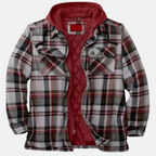 Men's checked plaid hooded jacket with long sleeves and multiple pockets