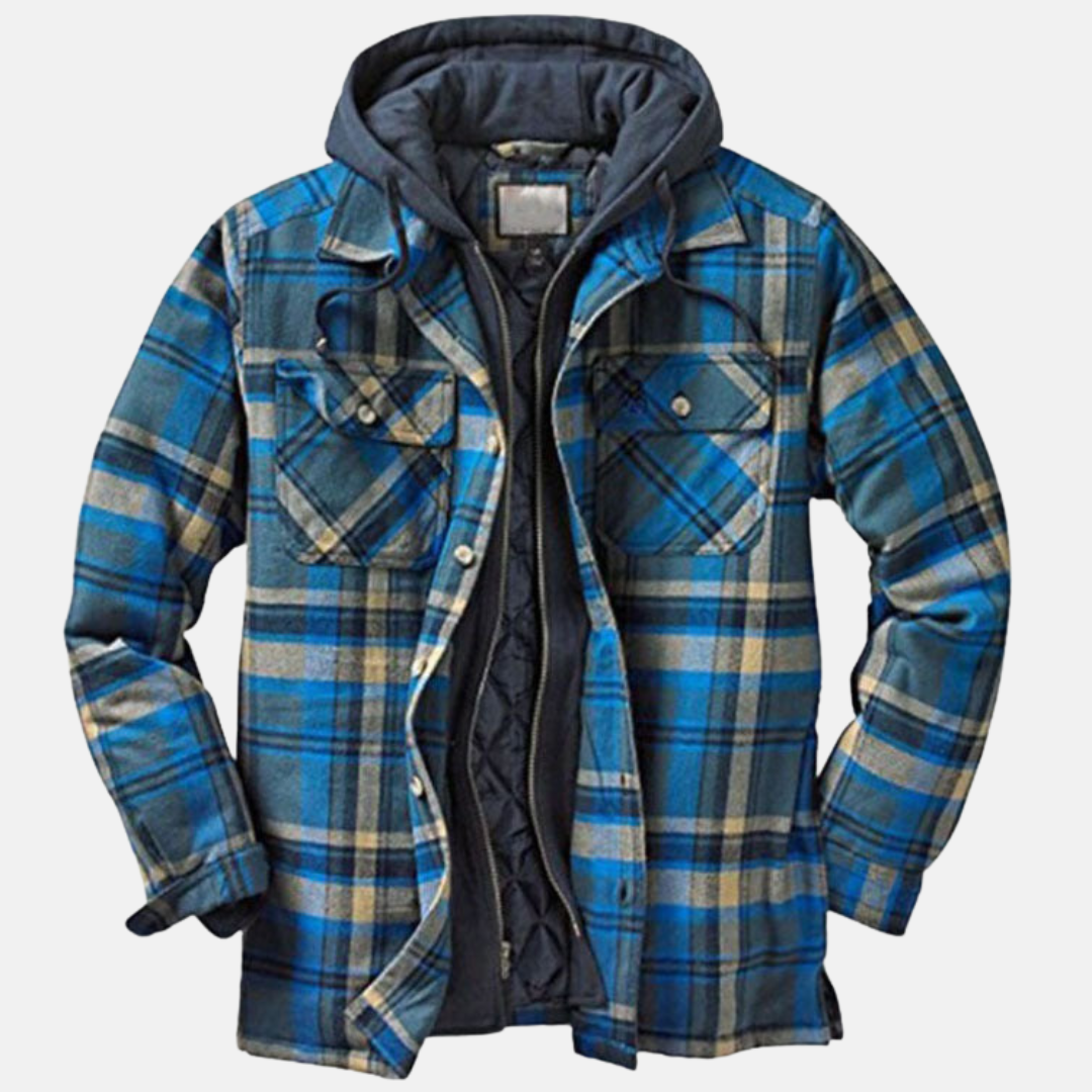 Men's checked plaid hooded jacket with long sleeves and multiple pockets