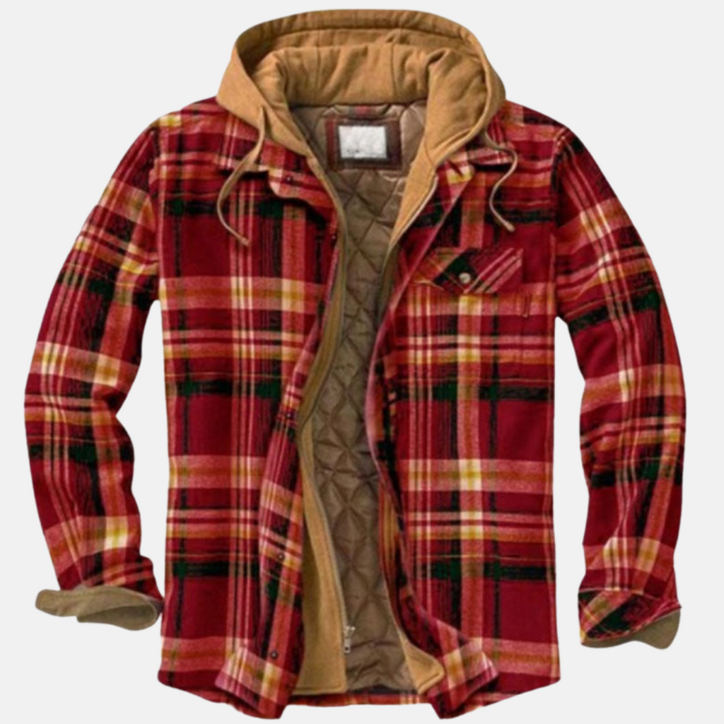 Men's checked plaid hooded jacket with long sleeves and multiple pockets
