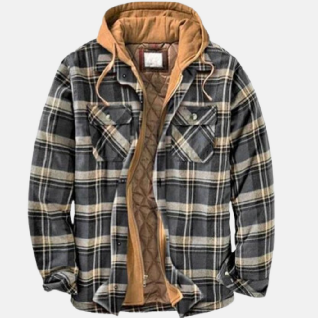 Men's checked plaid hooded jacket with long sleeves and multiple pockets