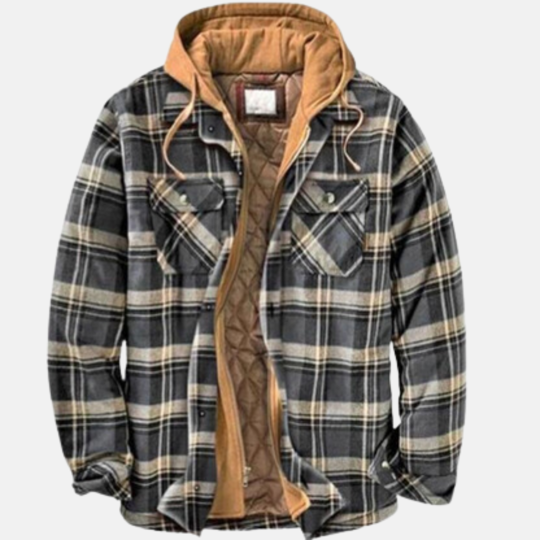 Men's checked plaid hooded jacket with long sleeves and multiple pockets
