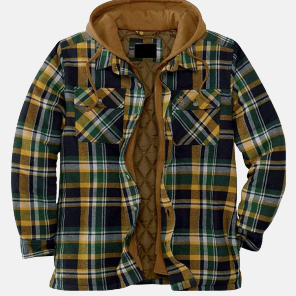 Men's checked plaid hooded jacket with long sleeves and multiple pockets