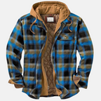 Men's checked plaid hooded jacket with long sleeves and multiple pockets
