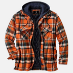 Men's checked plaid hooded jacket with long sleeves and multiple pockets