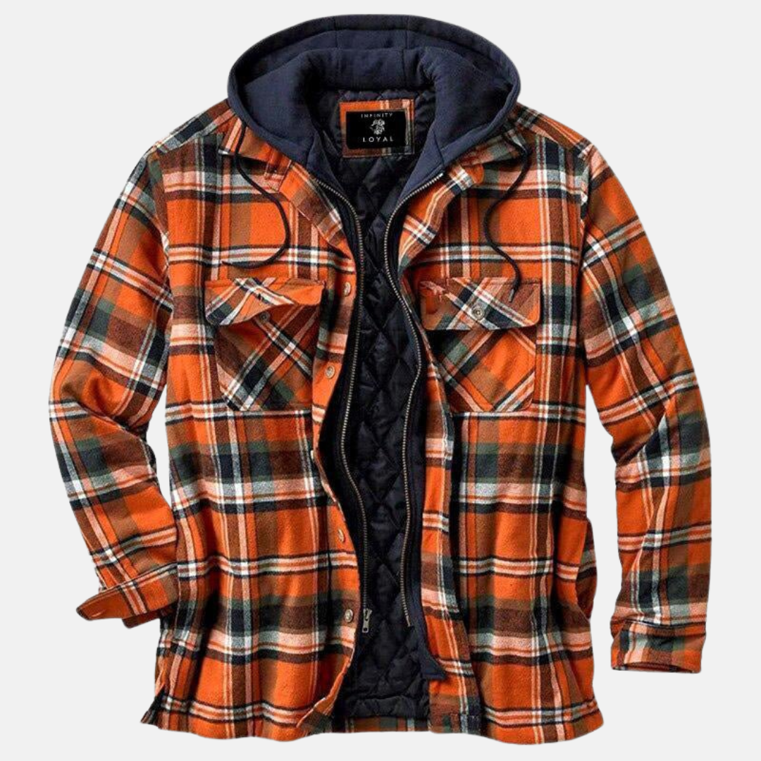 Men's checked plaid hooded jacket with long sleeves and multiple pockets