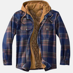 Men's checked plaid hooded jacket with long sleeves and multiple pockets