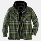 Men's checked plaid hooded jacket with long sleeves and multiple pockets