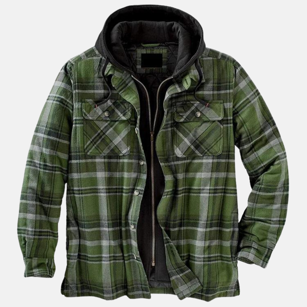 Men's checked plaid hooded jacket with long sleeves and multiple pockets