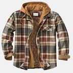 Men's checked plaid hooded jacket with long sleeves and multiple pockets