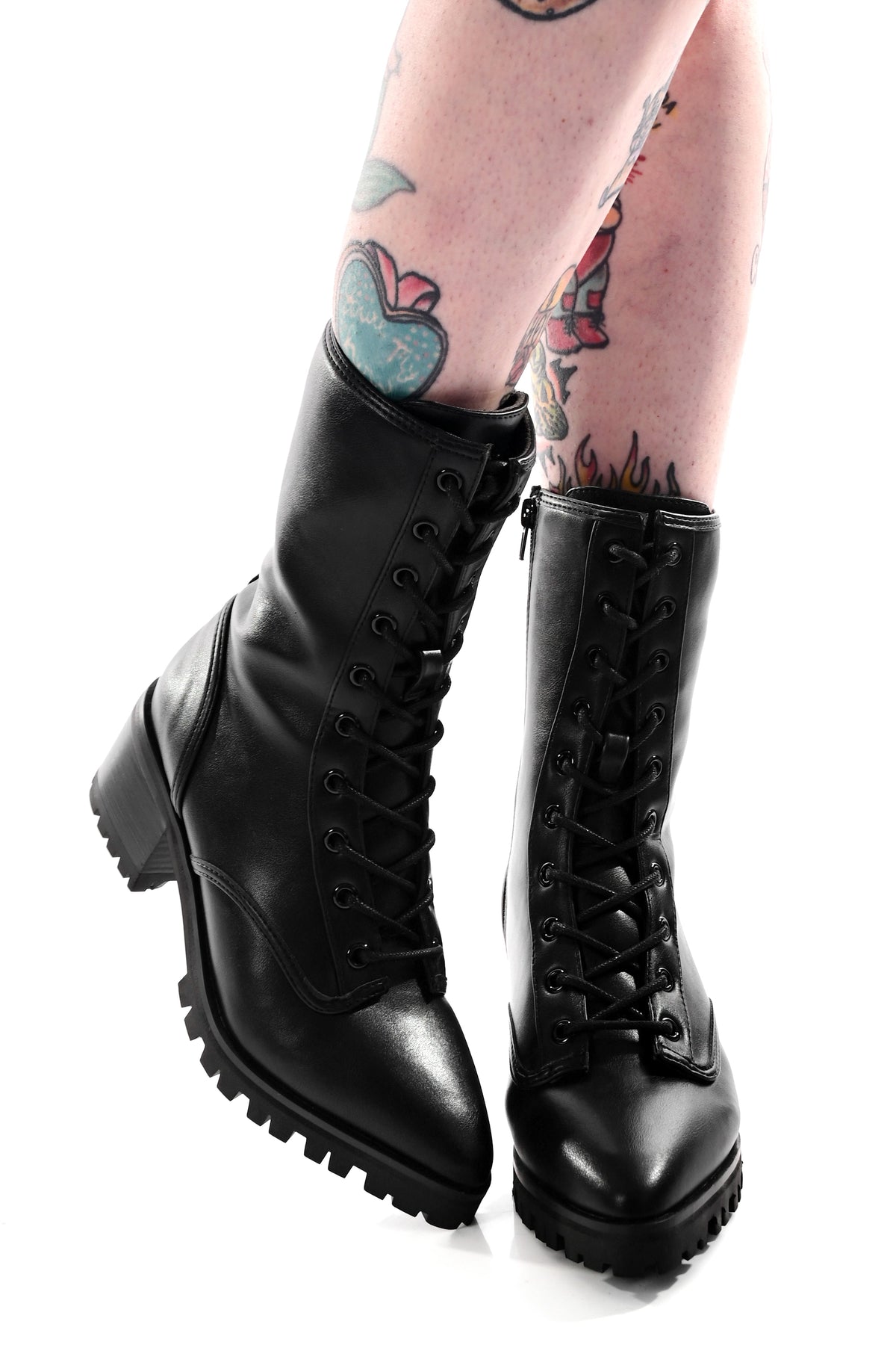 Women's black lace-up combat boots with block heels
