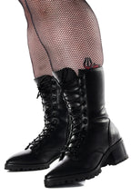 Women's black lace-up combat boots with block heels