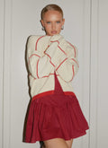 Women's ivory and red striped V-neck cardigan with button front