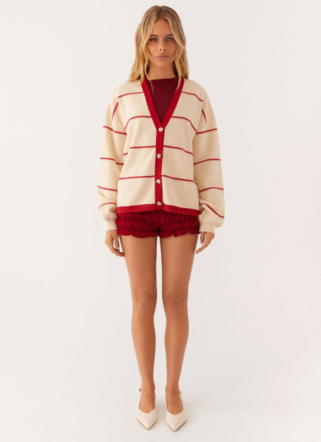 Women's ivory and red striped V-neck cardigan with button front