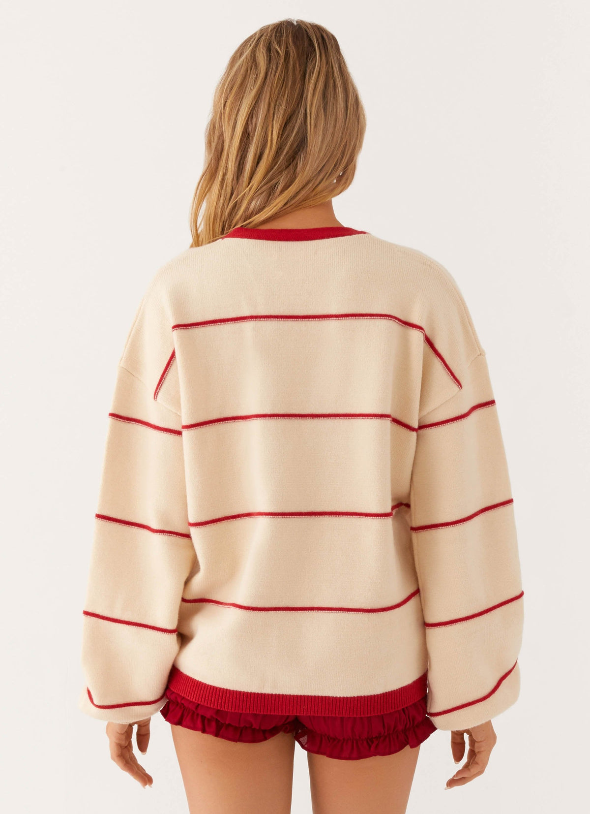 Women's ivory and red striped V-neck cardigan with button front