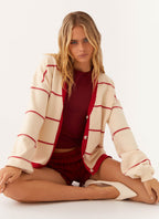 Women's ivory and red striped V-neck cardigan with button front