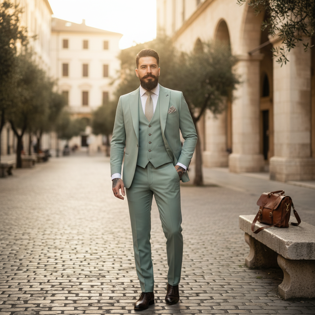 Men's sage green three-piece suit with notch lapel jacket, button waistcoat and matching trousers