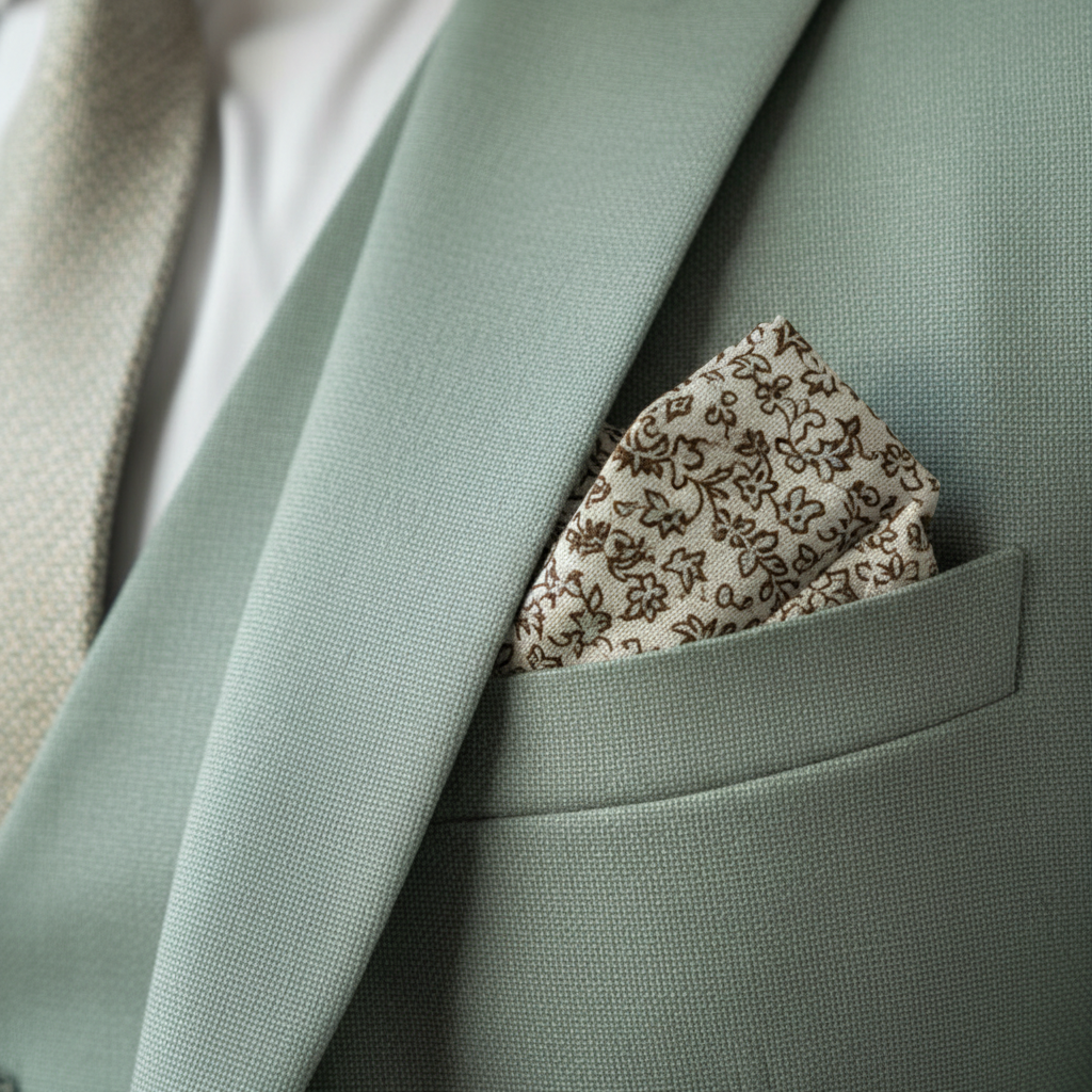 Men's sage green three-piece suit with notch lapel jacket, button waistcoat and matching trousers