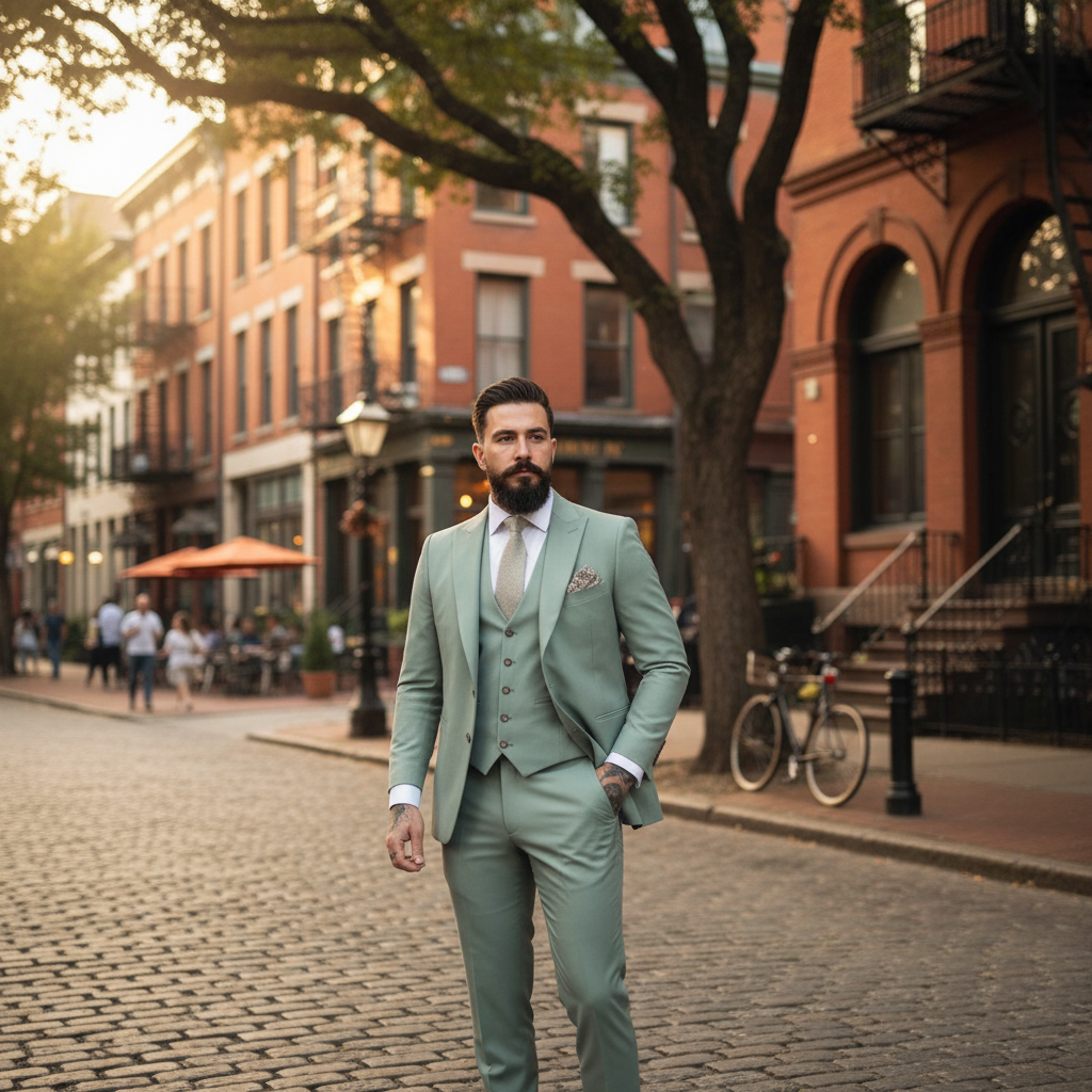 Men's sage green three-piece suit with notch lapel jacket, button waistcoat and matching trousers