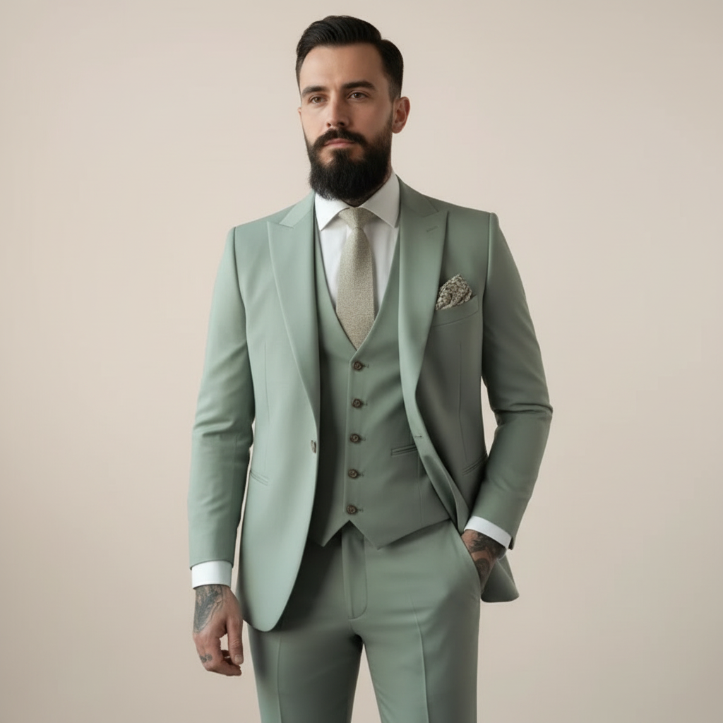 Men's sage green three-piece suit with notch lapel jacket, button waistcoat and matching trousers